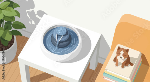 Serene indoor scene with a water feature, plant, and a dog figurine