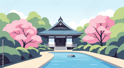 Serene Japanese garden with a tranquil pond, blooming cherry trees, and a traditional pavilion