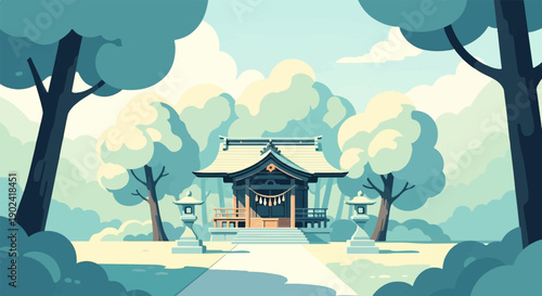 Serene shrine nestled among stylized trees under a cloudy sky