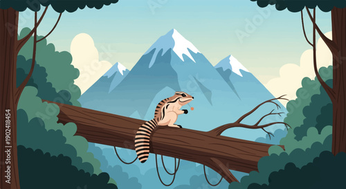 Striped rodent on fallen log with mountains and trees background