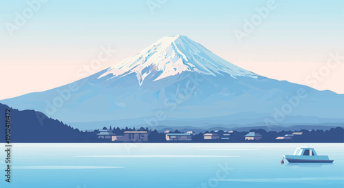 Serene snow-capped mountain overlooking a calm lake with a small boat