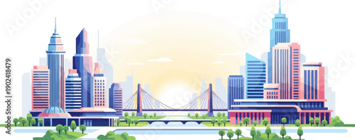 Stylized cityscape with modern skyscrapers, a bridge, and a sunlit sky