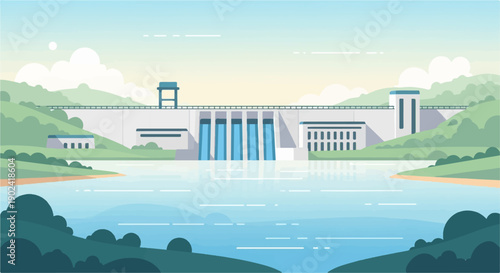 Serene landscape with a large dam controlling water flow