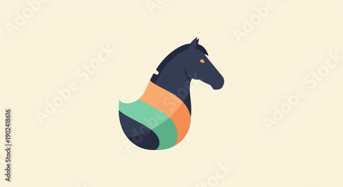 Stylized abstract horse head with colorful stripes on a cream background