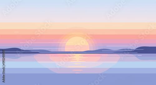Serene sunset over tranquil water with layered hills