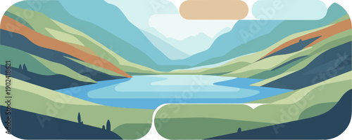 Serene landscape with a tranquil lake surrounded by rolling, layered hills and distant mountains