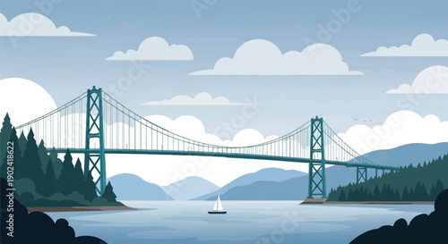 Serene suspension bridge spans tranquil blue water with sailboat