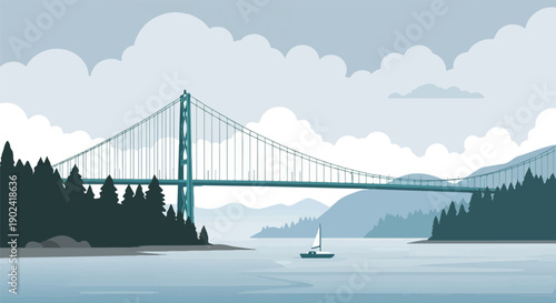 Serene suspension bridge vista over calm water with distant hazy mountains