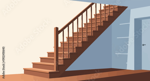 Simple interior with wooden stairs and shelves on a light blue wall