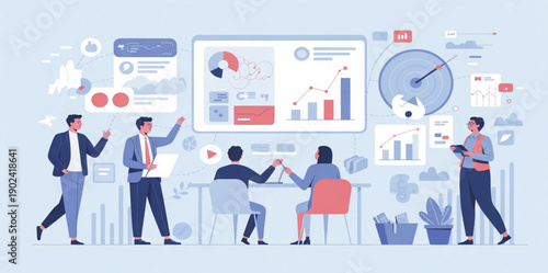 Abstract coding, cloud systems, data analysis, and teamwork elements.
