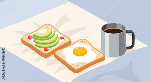 Simple isometric illustration of breakfast toast with avocado and egg, plus coffee