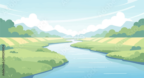 Serene landscape with a winding river, rolling hills, and distant mountains