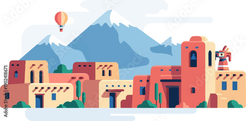 Stylized adobe village under snow-capped mountains with hot air balloon