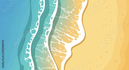 Stylized aerial view of ocean waves crashing onto a sandy beach with foam