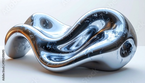 Abstract Chrome Sculpture - A Fluid Metallic Form on White Surface.