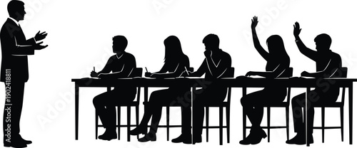Black silhouette of teacher or professor giving lecture to students in classroom with pupils raising hands for education learning school university and training seminars,