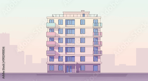 Stylized apartment building with balconies against a soft gradient sky