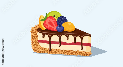 Slice of delicious cake topped with assorted fresh fruits and rich chocolate drizzle