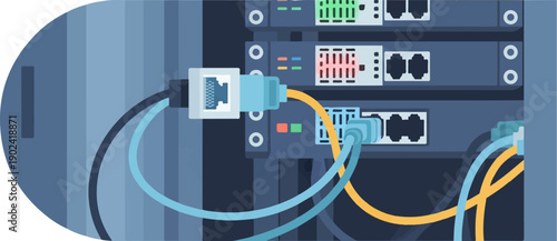 Server rack with connected network cables and blinking lights