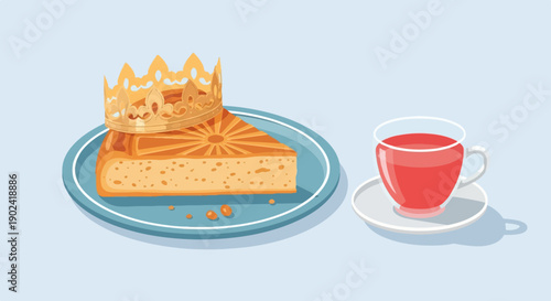 Slice of cake with crown, served with a cup of red beverage