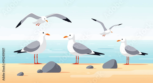 Several seagulls rest on a sandy beach with gentle waves