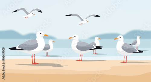 Several seagulls stand on a sandy beach with the ocean in the background