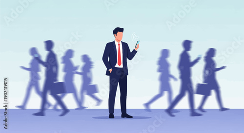 Sharp businessman in suit stands out from blurry crowd using smartphone