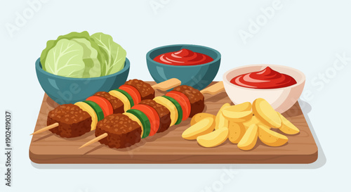 Skewers with vegetables, fries, and dips arranged on a board