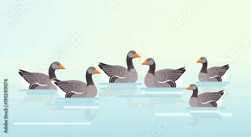 Six stylized grey geese with orange beaks swim serenely on light blue water