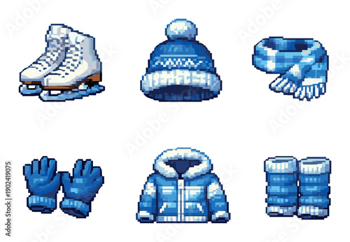Pixel art winter accessories: skates, beanie, scarf, gloves, jacket, and leg warmers