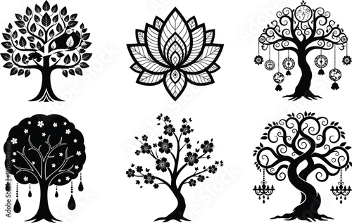 Black silhouettes of mystical life trees lotus flowers and decorative botanical ornaments for spiritual wellness meditation branding yoga studio logos and bohemian wall art designs,