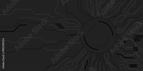Abstract dark grey technology circuit board background. Futuristic digital cyber texture with geometric lines and copy space for engineering, gaming, or processor design. Modern minimal tech banner.