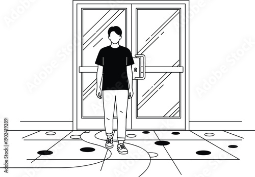 Line art of a professional man walking through glass double doors into a modern office or store for business entrance retail shopping and commercial concepts,