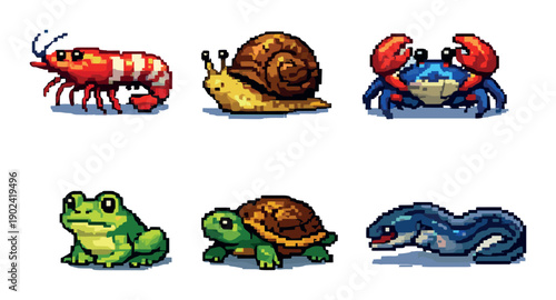 Pixel art sea and land creatures collection: shrimp, snail, crab, frog, turtle, eel