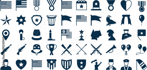 Comprehensive patriotic military icon set featuring American flags, shields, medals, trophies, eagles, soldiers, weapons, stars, and national pride symbols in uniform dark blue vector style