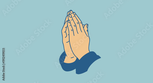 Simple illustration of praying hands on a light blue background.