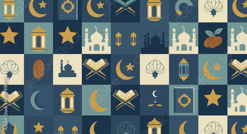 Islamic geometric pattern with mosque, moon, star, and lantern for Ramadan and Eid.