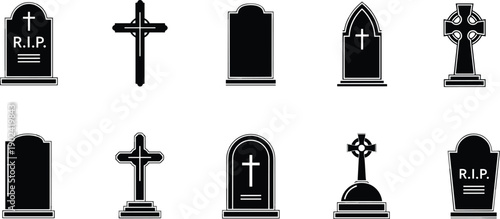 Gravestone and cross icon set featuring RIP headstones, Celtic crosses, tiered bases, memorial markers, and cemetery symbols in black silhouette vector style