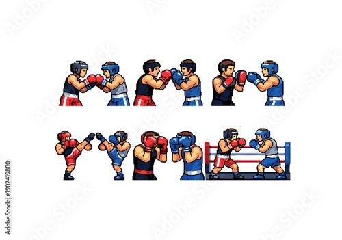 Pixel art male boxers sparring in blue and red outfits