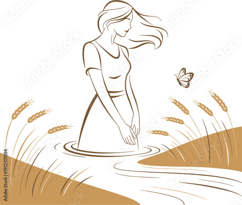 A woman by a stream in a serene landscape with a butterfly and wheat golden color vector on white background.