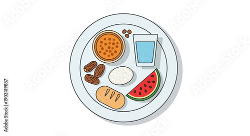A colorful illustration of a balanced Iftar meal with dates, watermelon, bread, and water.