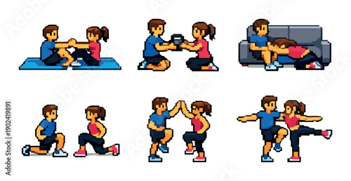 Illustrated couple performing home exercises in pixel art style