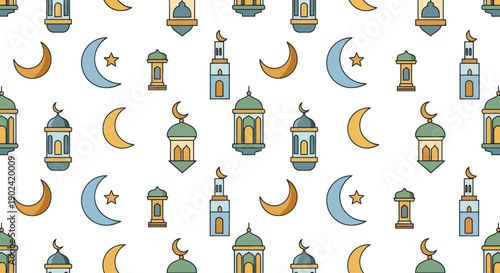Islamic pattern with crescent moons and mosques