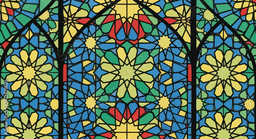 Colorful geometric stained glass window pattern