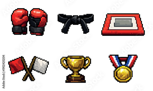 Pixel art boxing icons: gloves, belt, ring, flags, trophy, medal