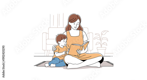 A mother and child sitting on a rug, reading a book together in a cozy home environment.