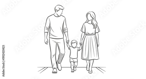 A simple line drawing illustration of a family walking together, with parents holding their young child's hands.