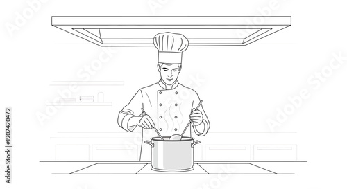 A chef in uniform stirring food in a large pot on a stovetop under a range hood, depicted in a black and white line drawing.