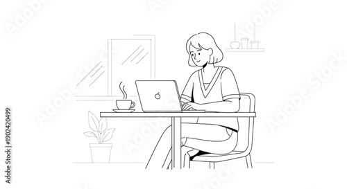 Young woman focused on working with her laptop at a cozy cafe table, enjoying a hot coffee.