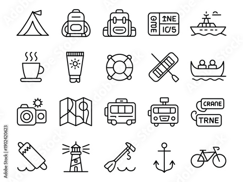 Outdoor adventure icons for travel and leisure activities